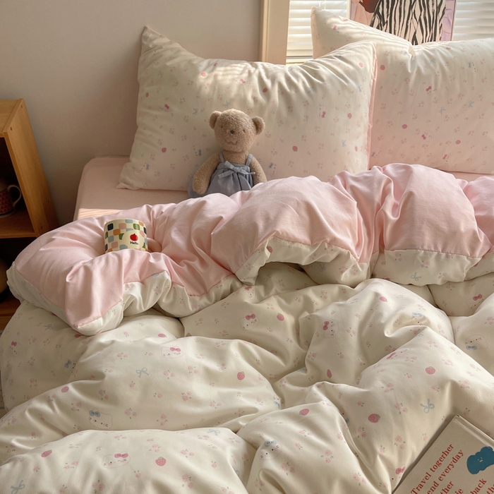 91家纺网 家纺一手货源 找家纺 星禾优选 2025新款A类仿棉四件套古法水洗棉小清新印花四件套单被套系列(提供买家秀) 奶皮猫-米