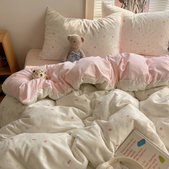 91家纺网 家纺一手货源 找家纺 星禾优选 2025新款A类仿棉四件套古法水洗棉小清新印花四件套单被套系列(提供买家秀) 奶皮猫-米