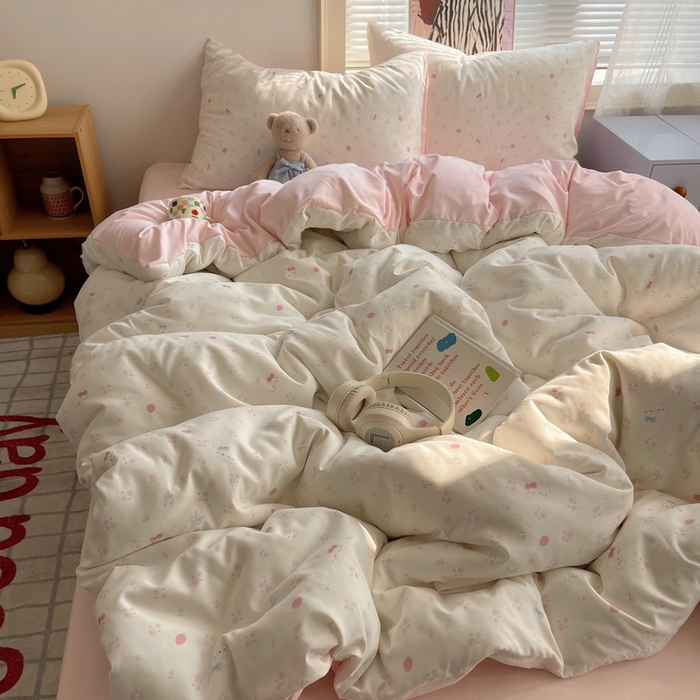 91家纺网 家纺一手货源 找家纺 星禾优选 2025新款A类仿棉四件套古法水洗棉小清新印花四件套单被套系列(提供买家秀) 奶皮猫-米