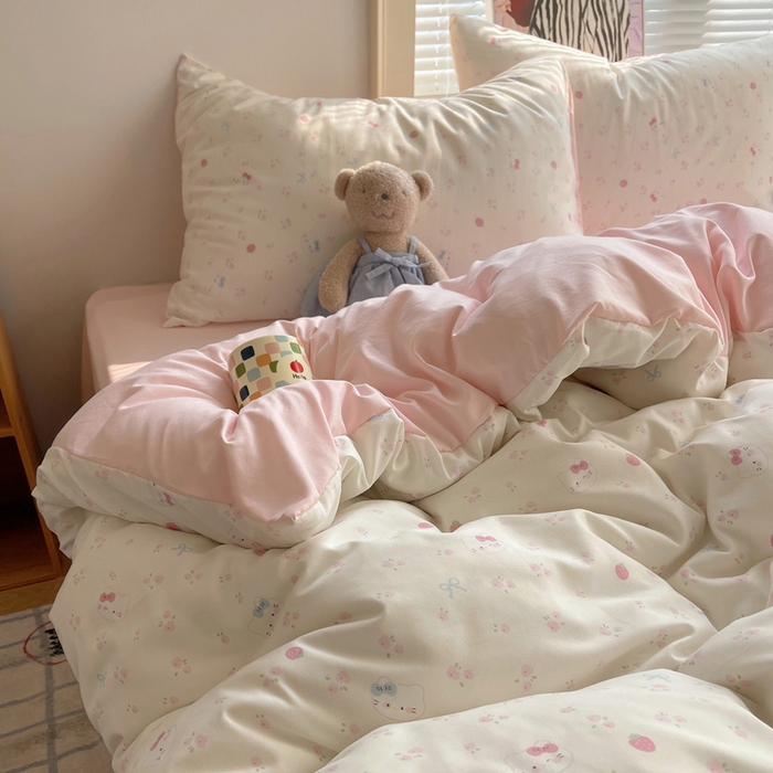 91家纺网 家纺一手货源 找家纺 星禾优选 2025新款A类仿棉四件套古法水洗棉小清新印花四件套单被套系列(提供买家秀) 奶皮猫-米