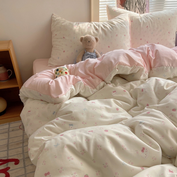 91家纺网 家纺一手货源 找家纺 星禾优选 2025新款A类仿棉四件套古法水洗棉小清新印花四件套单被套系列(提供买家秀) 奶皮猫-米