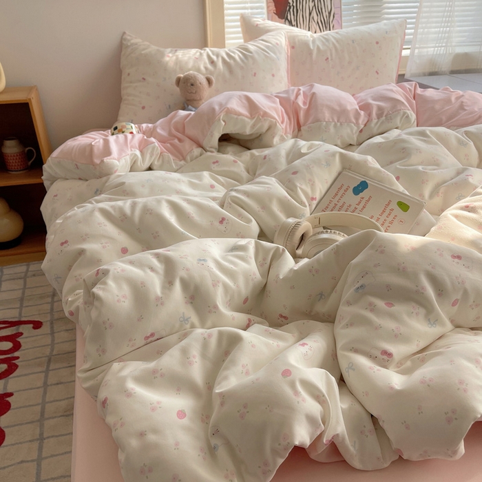 91家纺网 家纺一手货源 找家纺 星禾优选 2025新款A类仿棉四件套古法水洗棉小清新印花四件套单被套系列(提供买家秀) 奶皮猫-米