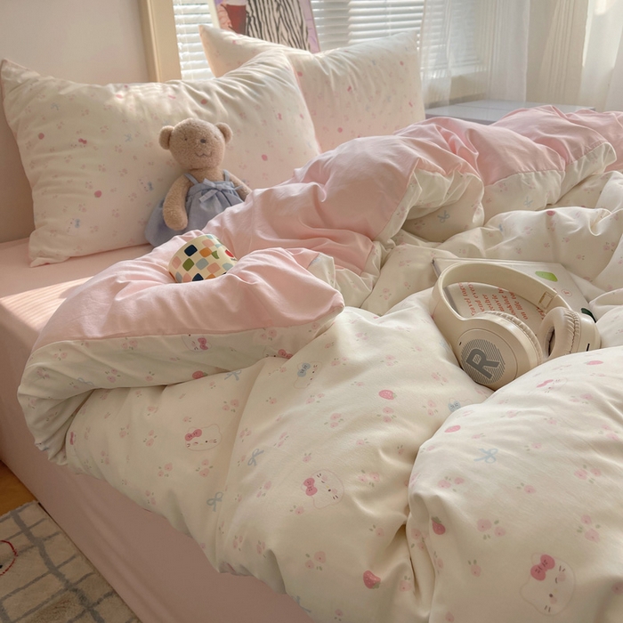 91家纺网 家纺一手货源 找家纺 星禾优选 2025新款A类仿棉四件套古法水洗棉小清新印花四件套单被套系列(提供买家秀) 奶皮猫-米