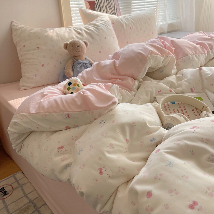 91家纺网 家纺一手货源 找家纺 星禾优选 2025新款A类仿棉四件套古法水洗棉小清新印花四件套单被套系列(提供买家秀) 奶皮猫-米