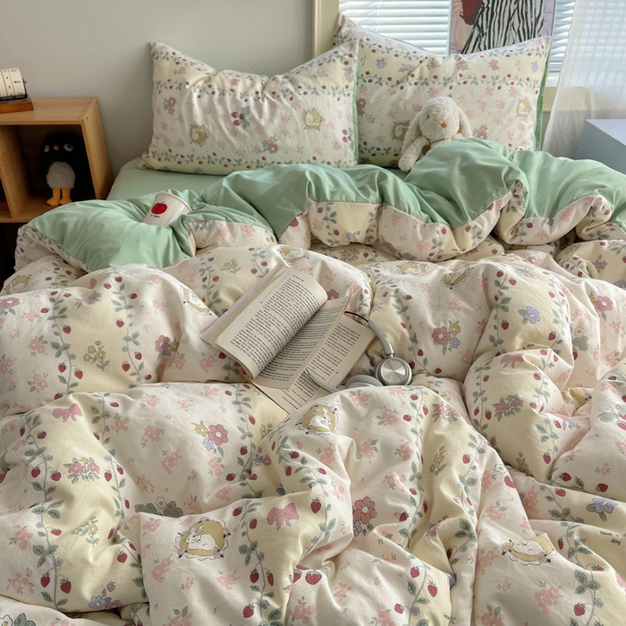 91家纺网 家纺一手货源 找家纺 星禾优选 2025新款A类仿棉四件套古法水洗棉小清新印花四件套单被套系列(提供买家秀) 奶味圆饼