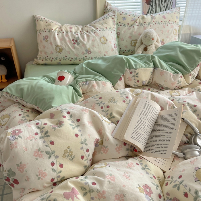 91家纺网 家纺一手货源 找家纺 星禾优选 2025新款A类仿棉四件套古法水洗棉小清新印花四件套单被套系列(提供买家秀) 奶味圆饼