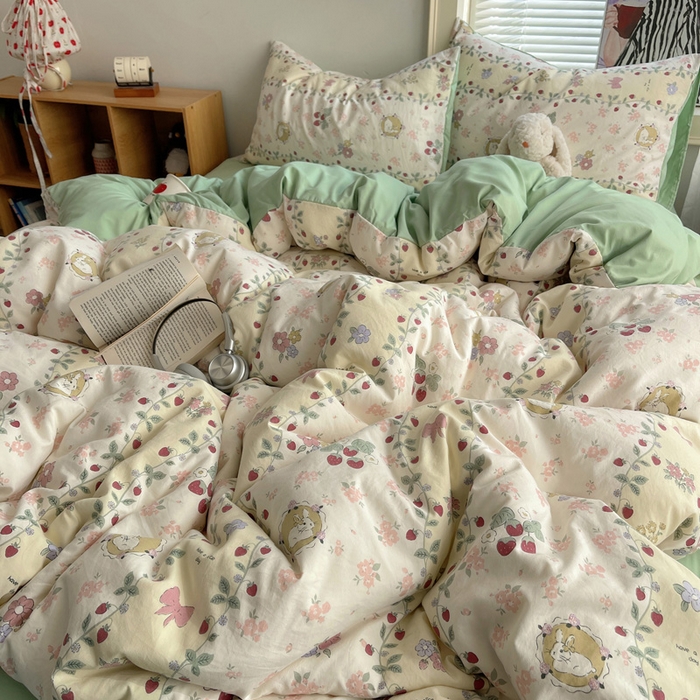 91家纺网 家纺一手货源 找家纺 星禾优选 2025新款A类仿棉四件套古法水洗棉小清新印花四件套单被套系列(提供买家秀) 奶味圆饼