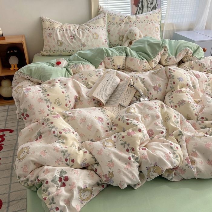 91家纺网 家纺一手货源 找家纺 星禾优选 2025新款A类仿棉四件套古法水洗棉小清新印花四件套单被套系列(提供买家秀) 奶味圆饼