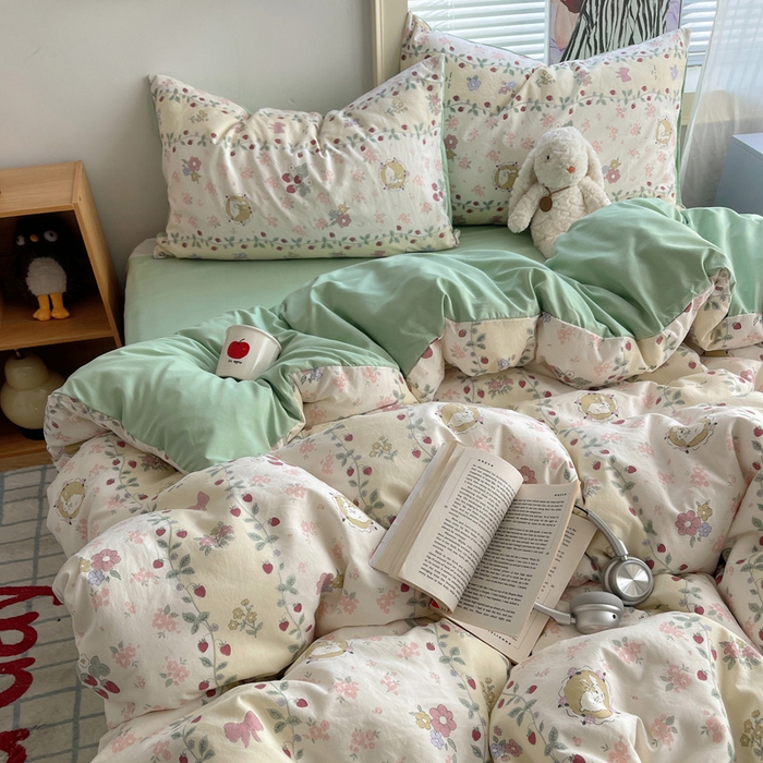 91家纺网 家纺一手货源 找家纺 星禾优选 2025新款A类仿棉四件套古法水洗棉小清新印花四件套单被套系列(提供买家秀) 奶味圆饼