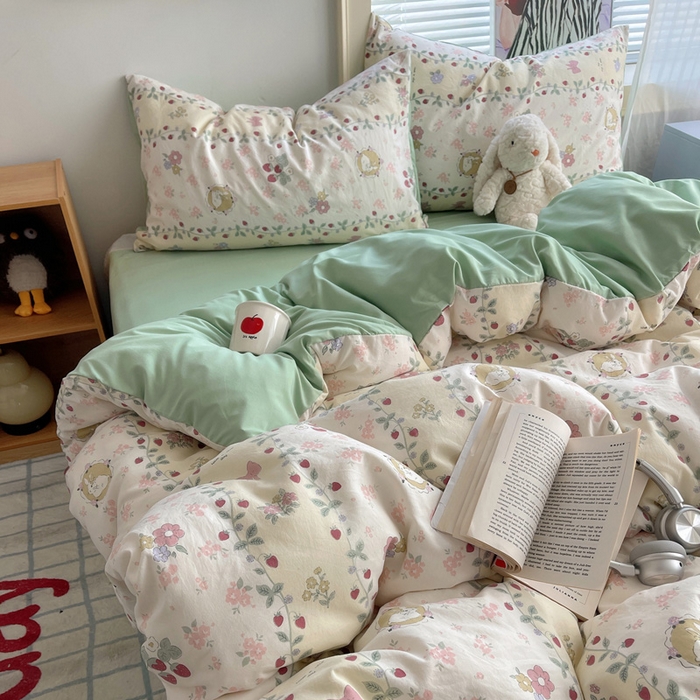 91家纺网 家纺一手货源 找家纺 星禾优选 2025新款A类仿棉四件套古法水洗棉小清新印花四件套单被套系列(提供买家秀) 奶味圆饼