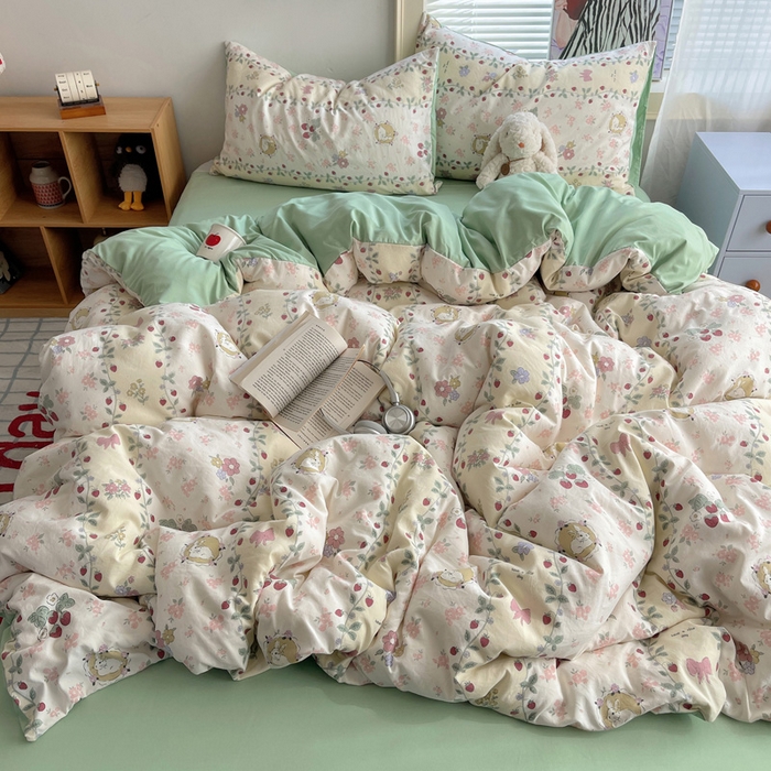 91家纺网 家纺一手货源 找家纺 星禾优选 2025新款A类仿棉四件套古法水洗棉小清新印花四件套单被套系列(提供买家秀) 奶味圆饼