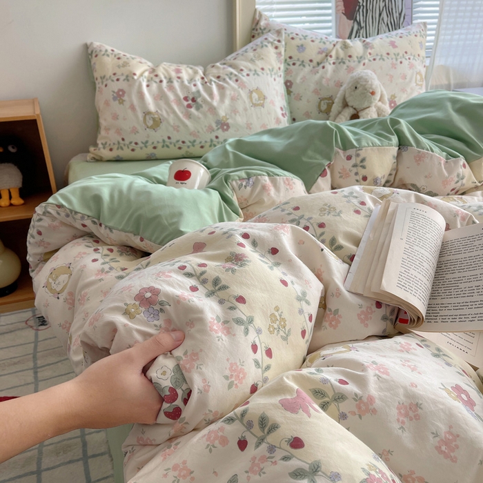 91家纺网 家纺一手货源 找家纺 星禾优选 2025新款A类仿棉四件套古法水洗棉小清新印花四件套单被套系列(提供买家秀) 奶味圆饼