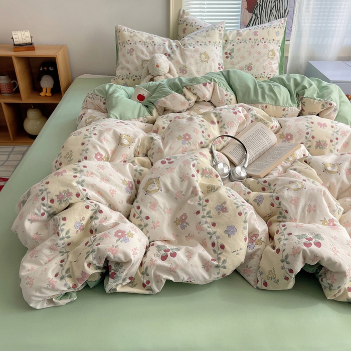 91家纺网 家纺一手货源 找家纺 星禾优选 2025新款A类仿棉四件套古法水洗棉小清新印花四件套单被套系列(提供买家秀) 奶味圆饼