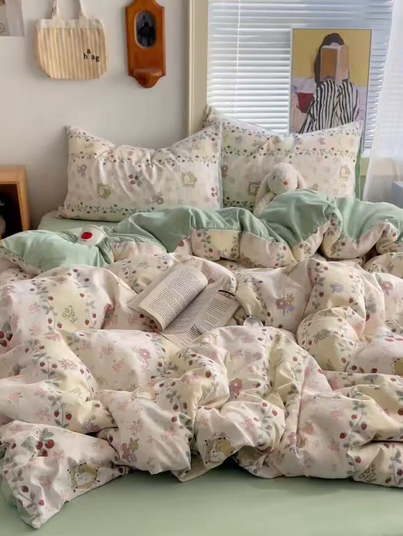 91家纺网 家纺一手货源 找家纺 星禾优选 2025新款A类仿棉四件套古法水洗棉小清新印花四件套单被套系列(提供买家秀) 奶味圆饼