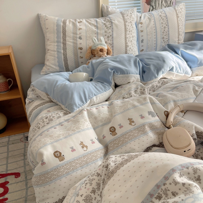 91家纺网 家纺一手货源 找家纺 星禾优选 2025新款A类仿棉四件套古法水洗棉小清新印花四件套单被套系列(提供买家秀) 狮大象