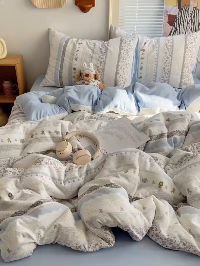 91家纺网 家纺一手货源 找家纺 星禾优选 2025新款A类仿棉四件套古法水洗棉小清新印花四件套单被套系列(提供买家秀) 狮大象