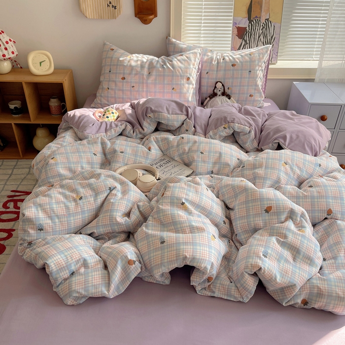 星禾优选 2025新款A类仿棉四件套古法水洗棉小清新印花四件套单被套系列(提供买家秀) 线条草莓