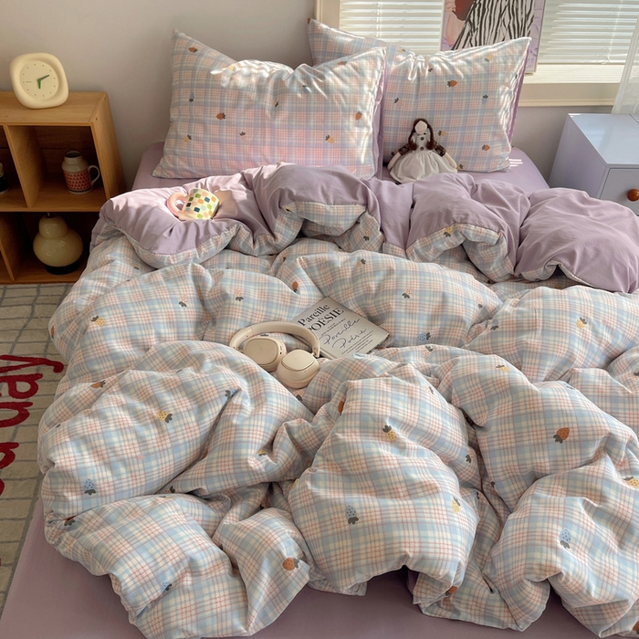 91家纺网 家纺一手货源 找家纺 星禾优选 2025新款A类仿棉四件套古法水洗棉小清新印花四件套单被套系列(提供买家秀) 线条草莓