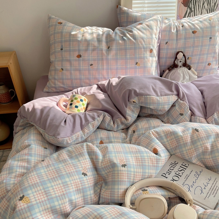 91家纺网 家纺一手货源 找家纺 星禾优选 2025新款A类仿棉四件套古法水洗棉小清新印花四件套单被套系列(提供买家秀) 线条草莓