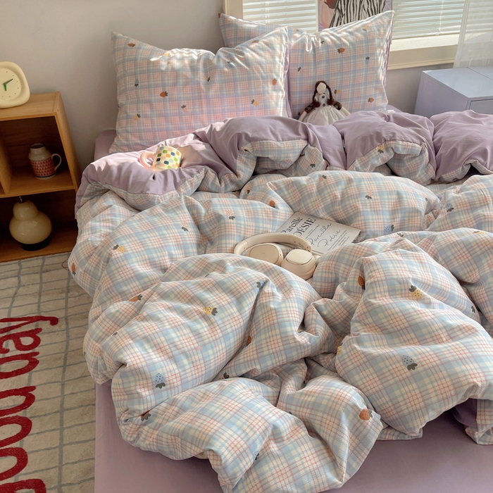 91家纺网 家纺一手货源 找家纺 星禾优选 2025新款A类仿棉四件套古法水洗棉小清新印花四件套单被套系列(提供买家秀) 线条草莓