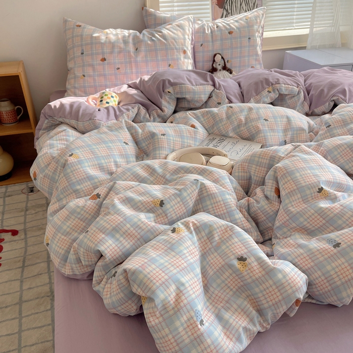 91家纺网 家纺一手货源 找家纺 星禾优选 2025新款A类仿棉四件套古法水洗棉小清新印花四件套单被套系列(提供买家秀) 线条草莓