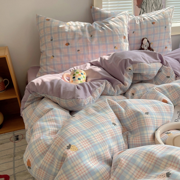 91家纺网 家纺一手货源 找家纺 星禾优选 2025新款A类仿棉四件套古法水洗棉小清新印花四件套单被套系列(提供买家秀) 线条草莓