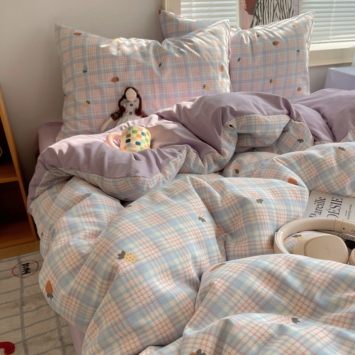 91家纺网 家纺一手货源 找家纺 星禾优选 2025新款A类仿棉四件套古法水洗棉小清新印花四件套单被套系列(提供买家秀) 线条草莓