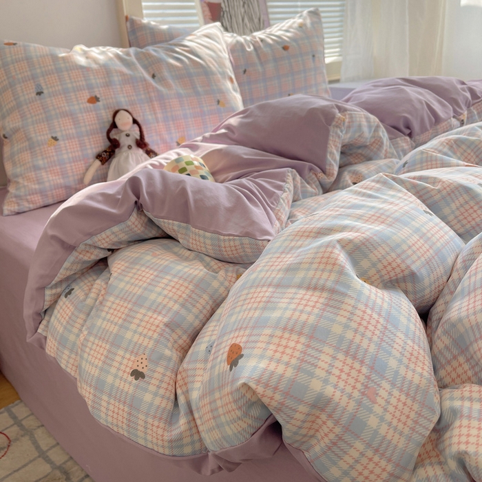 91家纺网 家纺一手货源 找家纺 星禾优选 2025新款A类仿棉四件套古法水洗棉小清新印花四件套单被套系列(提供买家秀) 线条草莓