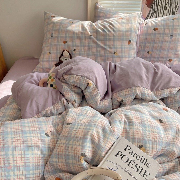 91家纺网 家纺一手货源 找家纺 星禾优选 2025新款A类仿棉四件套古法水洗棉小清新印花四件套单被套系列(提供买家秀) 线条草莓