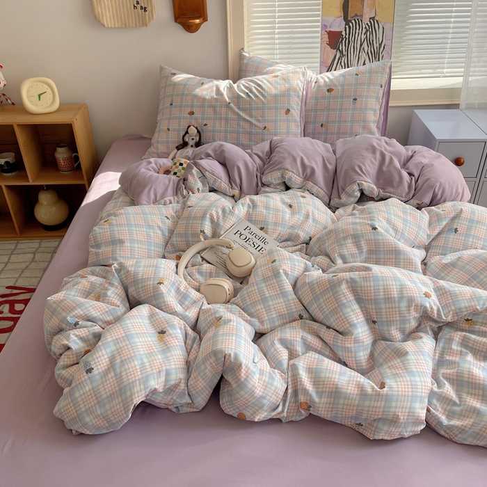 91家纺网 家纺一手货源 找家纺 星禾优选 2025新款A类仿棉四件套古法水洗棉小清新印花四件套单被套系列(提供买家秀) 线条草莓