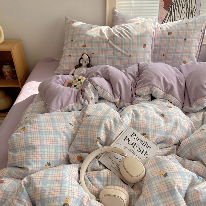 91家纺网 家纺一手货源 找家纺 星禾优选 2025新款A类仿棉四件套古法水洗棉小清新印花四件套单被套系列(提供买家秀) 线条草莓