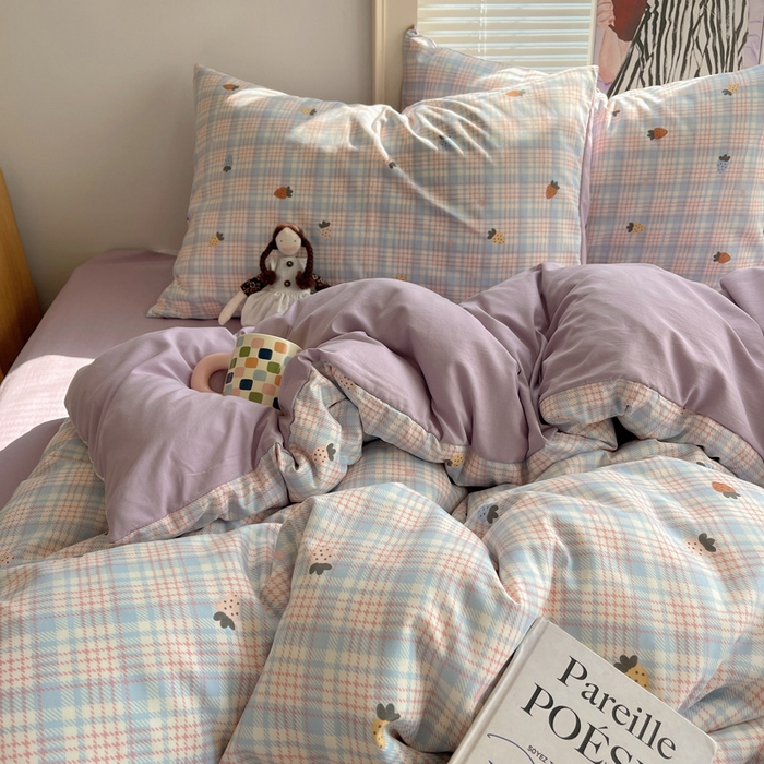 91家纺网 家纺一手货源 找家纺 星禾优选 2025新款A类仿棉四件套古法水洗棉小清新印花四件套单被套系列(提供买家秀) 线条草莓