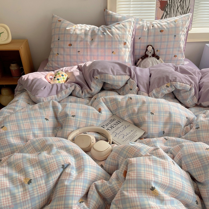 91家纺网 家纺一手货源 找家纺 星禾优选 2025新款A类仿棉四件套古法水洗棉小清新印花四件套单被套系列(提供买家秀) 线条草莓