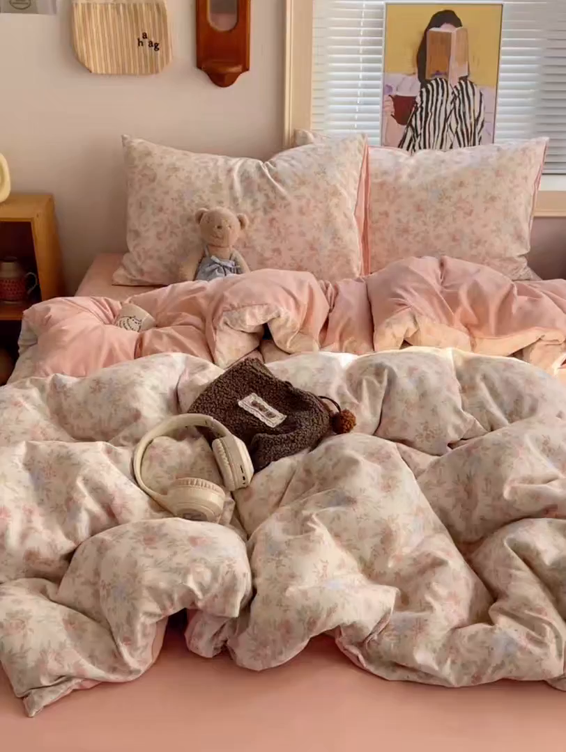 91家纺网 家纺一手货源 找家纺 星禾优选 2025新款A类仿棉四件套古法水洗棉小清新印花四件套单被套系列(提供买家秀) 小芙雨