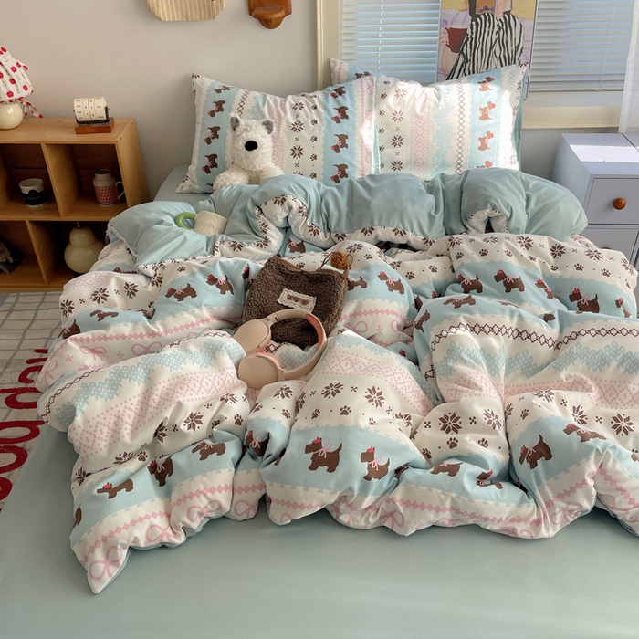 星禾优选 2025新款A类仿棉四件套古法水洗棉小清新印花四件套单被套系列(提供买家秀) 小狗脆脆鲨