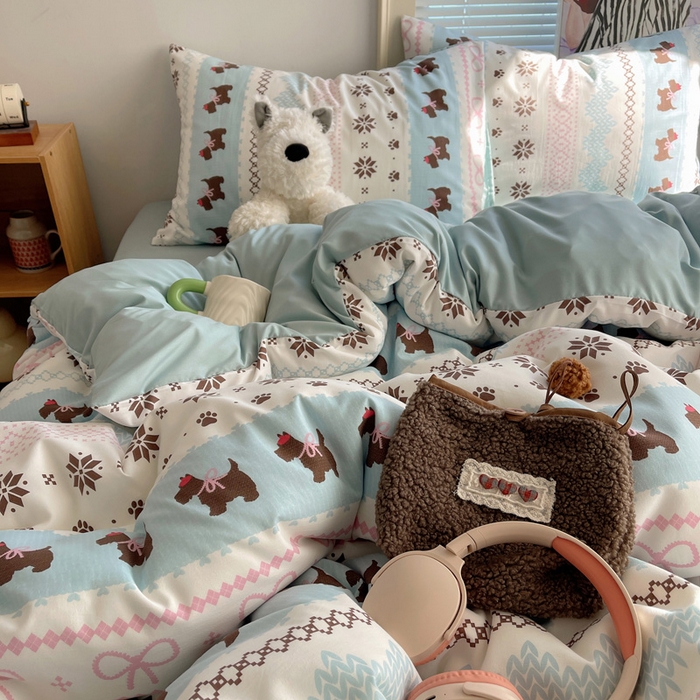 91家纺网 家纺一手货源 找家纺 星禾优选 2025新款A类仿棉四件套古法水洗棉小清新印花四件套单被套系列(提供买家秀) 小狗脆脆鲨