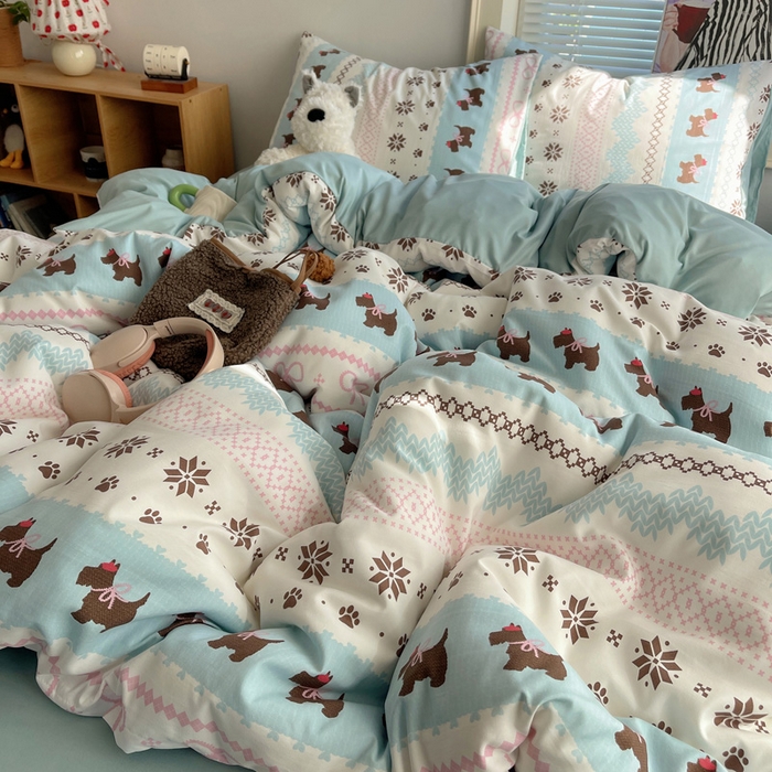 91家纺网 家纺一手货源 找家纺 星禾优选 2025新款A类仿棉四件套古法水洗棉小清新印花四件套单被套系列(提供买家秀) 小狗脆脆鲨