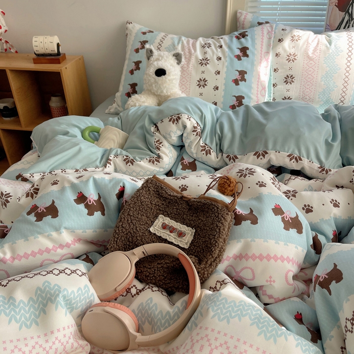 91家纺网 家纺一手货源 找家纺 星禾优选 2025新款A类仿棉四件套古法水洗棉小清新印花四件套单被套系列(提供买家秀) 小狗脆脆鲨