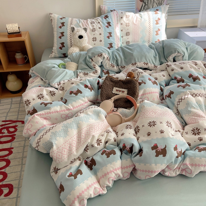 91家纺网 家纺一手货源 找家纺 星禾优选 2025新款A类仿棉四件套古法水洗棉小清新印花四件套单被套系列(提供买家秀) 小狗脆脆鲨