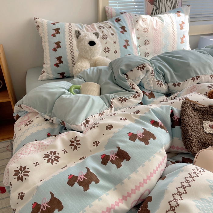 91家纺网 家纺一手货源 找家纺 星禾优选 2025新款A类仿棉四件套古法水洗棉小清新印花四件套单被套系列(提供买家秀) 小狗脆脆鲨