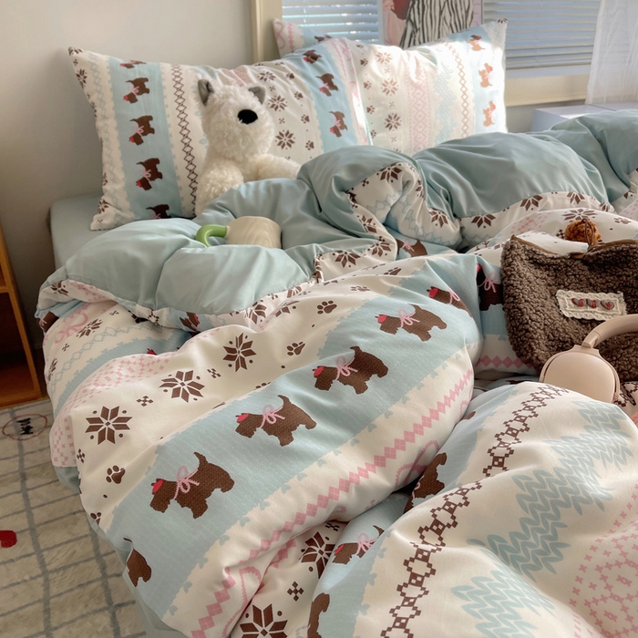 91家纺网 家纺一手货源 找家纺 星禾优选 2025新款A类仿棉四件套古法水洗棉小清新印花四件套单被套系列(提供买家秀) 小狗脆脆鲨