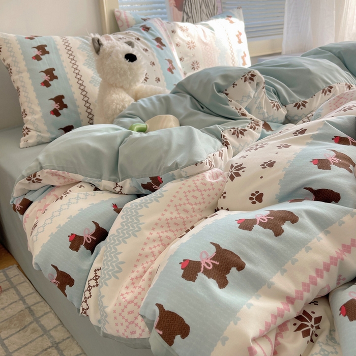 91家纺网 家纺一手货源 找家纺 星禾优选 2025新款A类仿棉四件套古法水洗棉小清新印花四件套单被套系列(提供买家秀) 小狗脆脆鲨