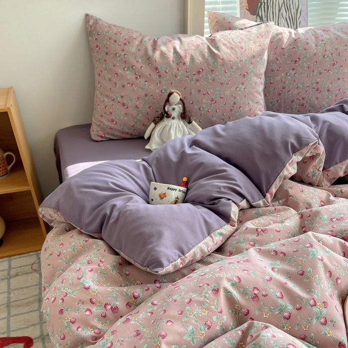 91家纺网 家纺一手货源 找家纺 星禾优选 2025新款A类仿棉四件套古法水洗棉小清新印花四件套单被套系列(提供买家秀) 野草莓