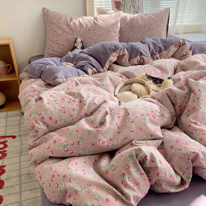 91家纺网 家纺一手货源 找家纺 星禾优选 2025新款A类仿棉四件套古法水洗棉小清新印花四件套单被套系列(提供买家秀) 野草莓