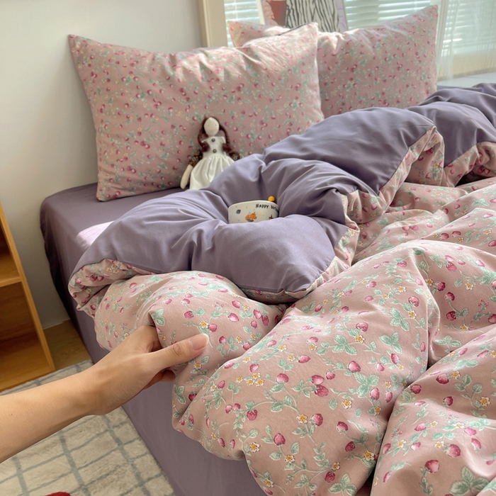 91家纺网 家纺一手货源 找家纺 星禾优选 2025新款A类仿棉四件套古法水洗棉小清新印花四件套单被套系列(提供买家秀) 野草莓