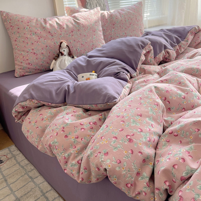 91家纺网 家纺一手货源 找家纺 星禾优选 2025新款A类仿棉四件套古法水洗棉小清新印花四件套单被套系列(提供买家秀) 野草莓