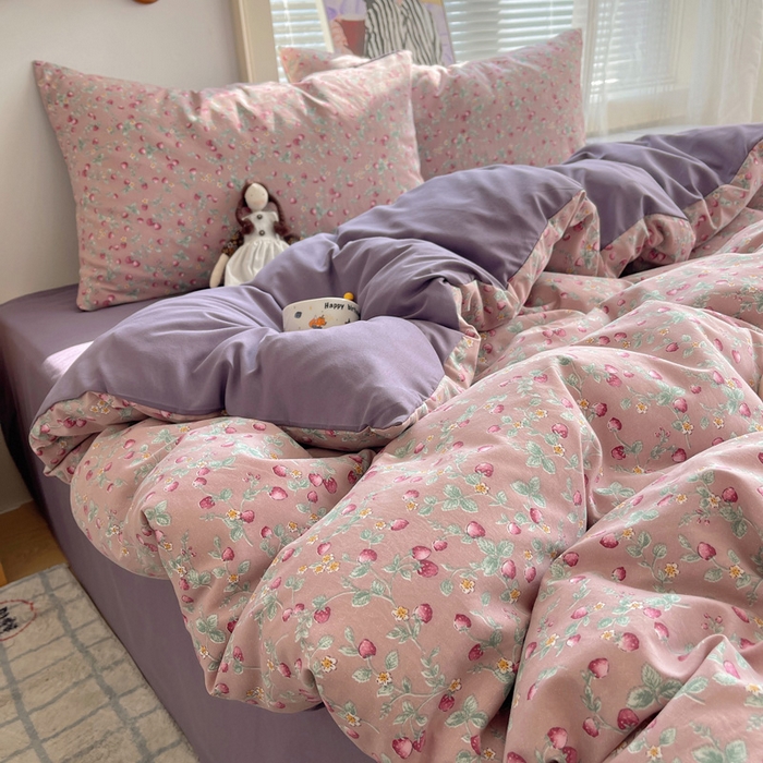 91家纺网 家纺一手货源 找家纺 星禾优选 2025新款A类仿棉四件套古法水洗棉小清新印花四件套单被套系列(提供买家秀) 野草莓