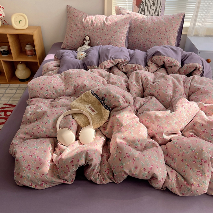 91家纺网 家纺一手货源 找家纺 星禾优选 2025新款A类仿棉四件套古法水洗棉小清新印花四件套单被套系列(提供买家秀) 野草莓