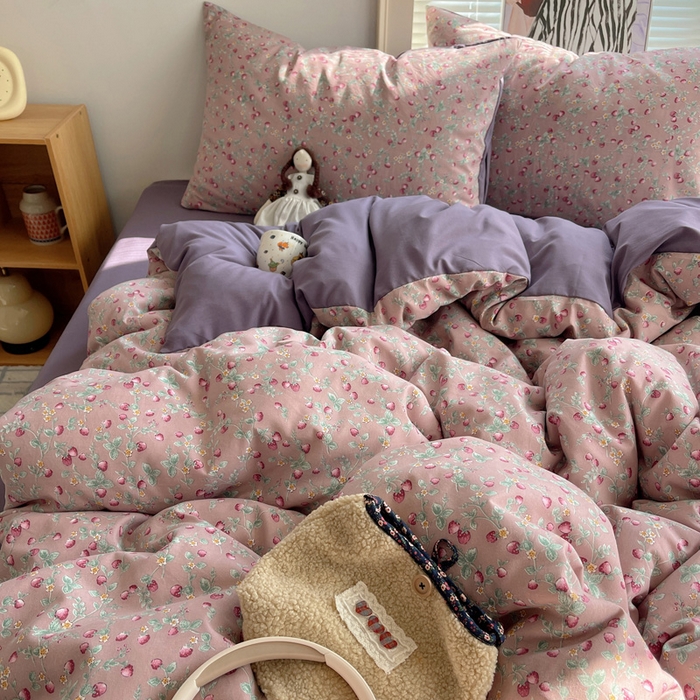 91家纺网 家纺一手货源 找家纺 星禾优选 2025新款A类仿棉四件套古法水洗棉小清新印花四件套单被套系列(提供买家秀) 野草莓