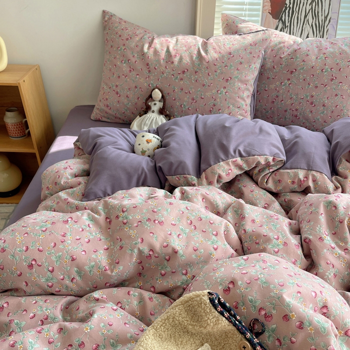 91家纺网 家纺一手货源 找家纺 星禾优选 2025新款A类仿棉四件套古法水洗棉小清新印花四件套单被套系列(提供买家秀) 野草莓